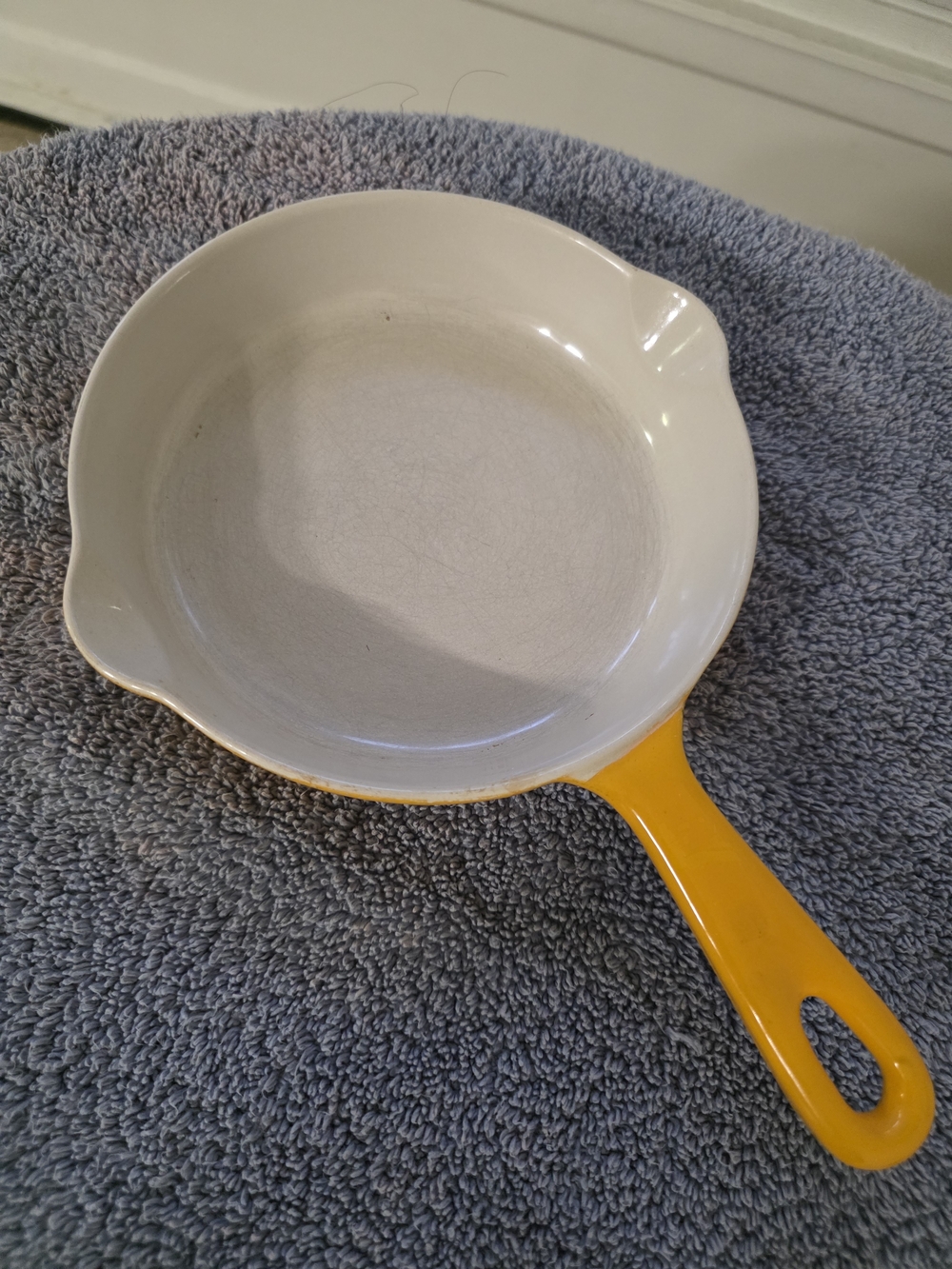 Le Creuset Yellow-Handle White Interior Ceramic Skillet